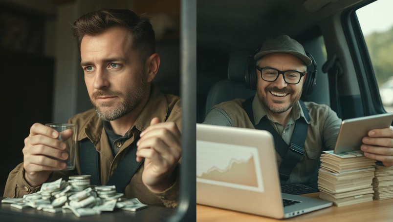 A split image showing 2 truck drivers. The one on the left is a broke driver counting pennies and another driver on the right counting stacks of dollar bills