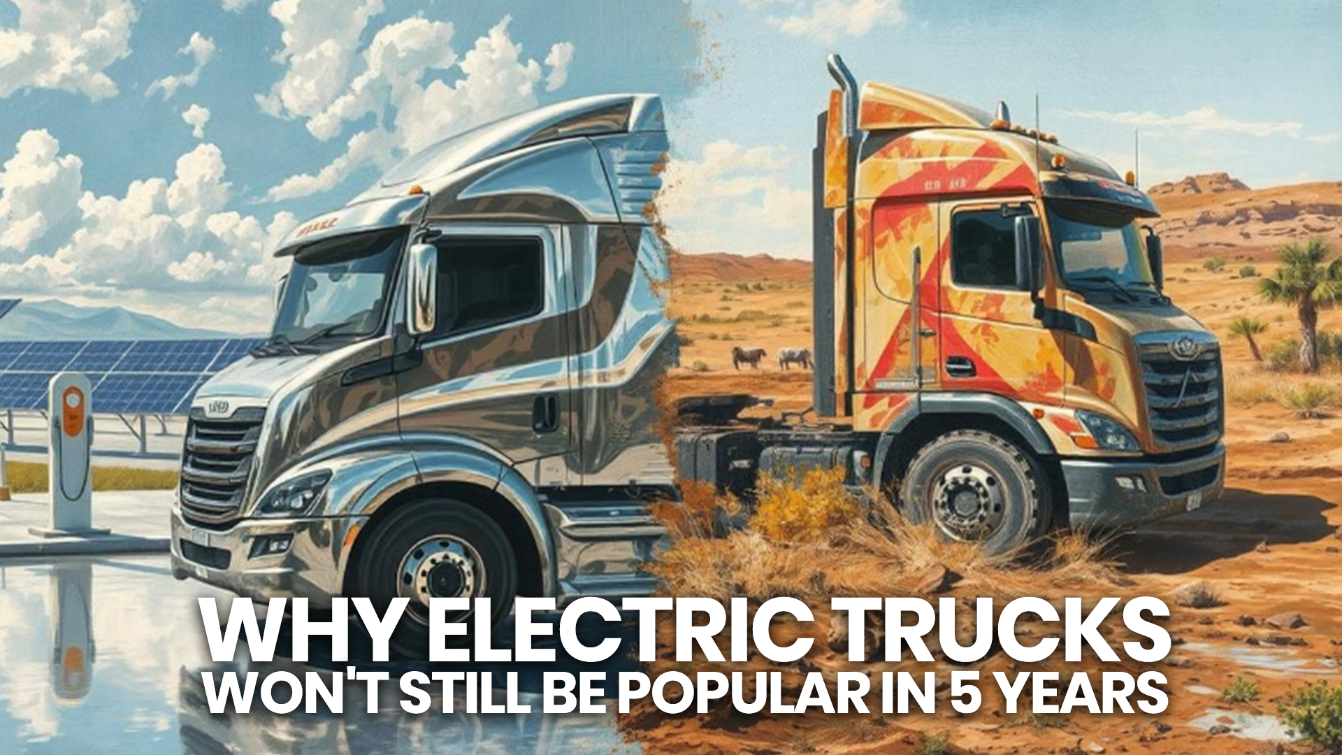 A split image showing electric truck on one hand and normal truck on the other hand and a text overlay that says "Why Electric Trucks Won't Still be Popular in 5 Years"